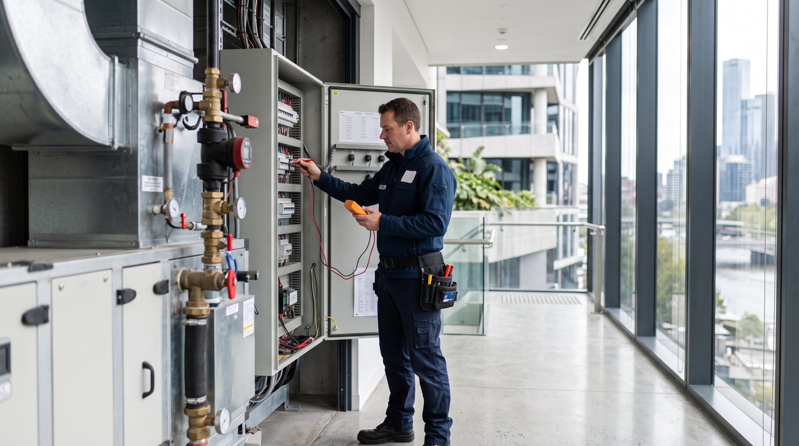 Facilities technician servicing building services in a Melbourne commercial building